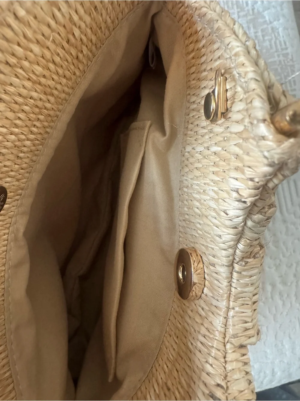 Woven Straw Tote with Gold Stud Accents - Beige